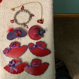 Lot of Red Hat Pins, Necklace & Bracelet